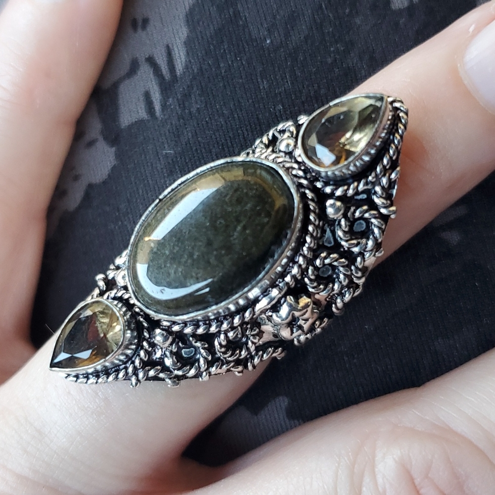 New Silver Sheen Obsidian & Smoky Topaz 925 Silver Statement Ring.